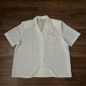 Vintage‎ 90s White Blouse Embroidered Flowers Lace Trim Women Large Boho Cottage